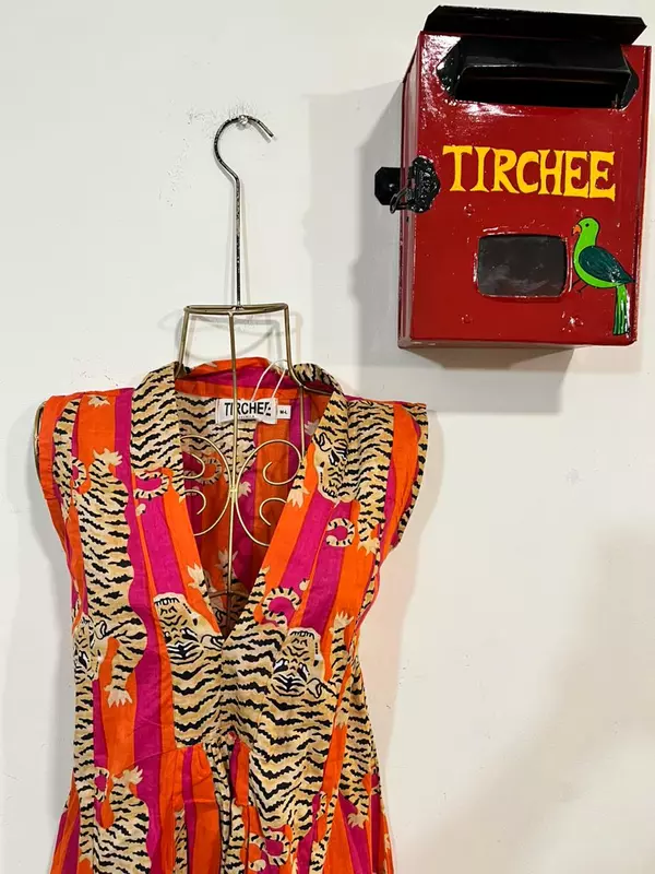 Charita's Everyday Sleeve Less Flare Dress - Orange & Pink Stripes with Tigers