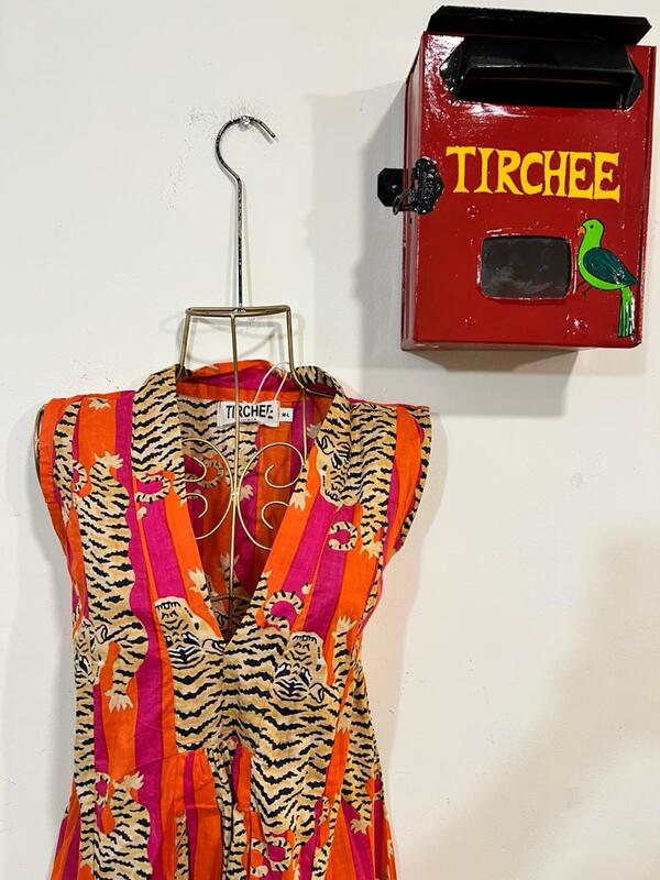 Charita's Everyday Sleeve Less Flare Dress - Orange & Pink Stripes with Tigers