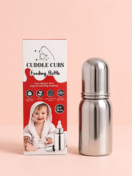Cuddle Cubs Stainless Steel Feeding Bottle with Silicone Nipple – 150ml