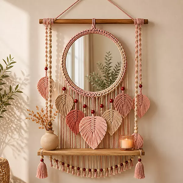 Rose Pink Macrame Mirror Wall Hanging with Shelf & Leaf Fringe