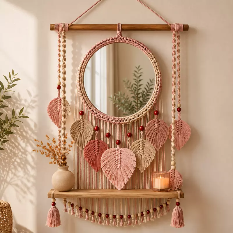 Rose Pink Macrame Mirror Wall Hanging with Shelf & Leaf Fringe