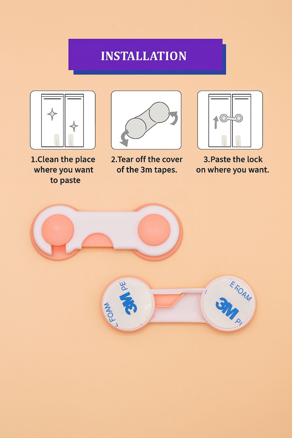 Baby Safety Lock – Dual Adhesive for Doors, Cabinets & Drawers (Pack of 4)