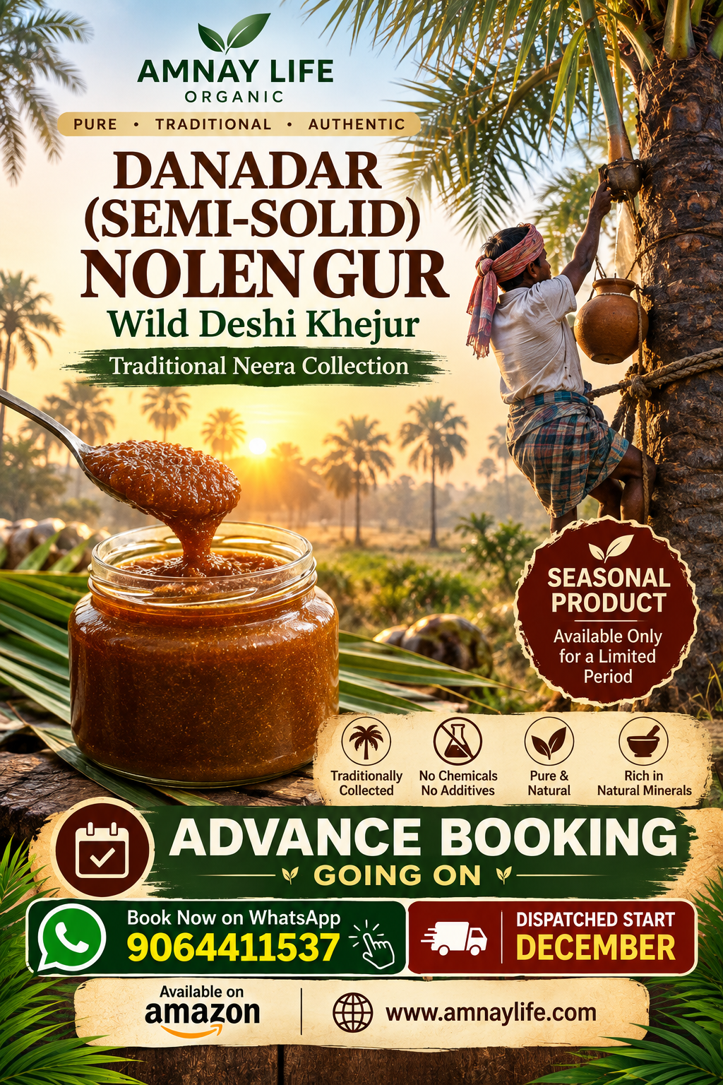 Date Palm (Khajur) Semi Solid Jaggery(Danadar)/Nolen Gur (100% Chemical Free, No Preservative)-glass zar packing