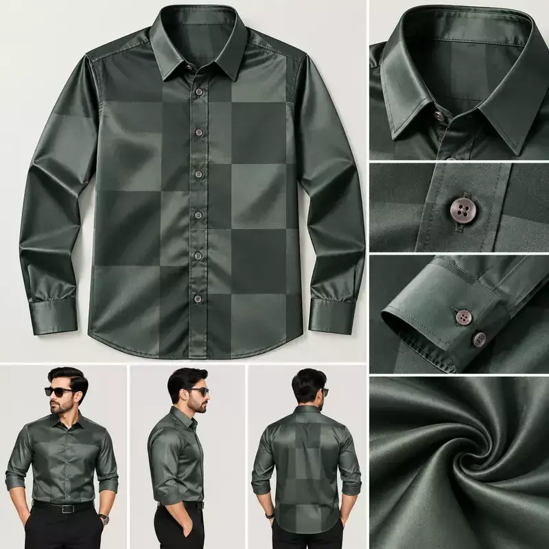 Men’s Dark Green Checkered Button-Down Shirt