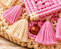 Blush Pink & Ivory Macrame Clutch Bag with Multi-Tassel Fringe