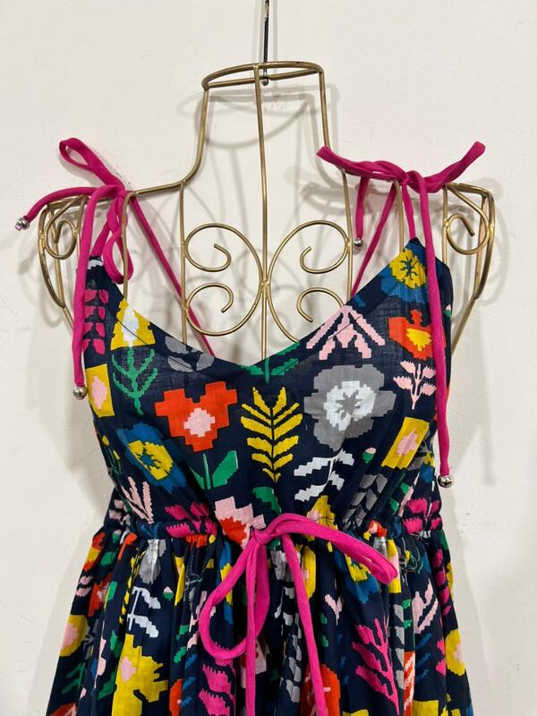 Meghana's Strap & Tie Dress - Blue & Tetris