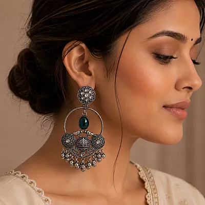 Naira Deep Teal Bird Motif Oxidised Chandbali Earrings