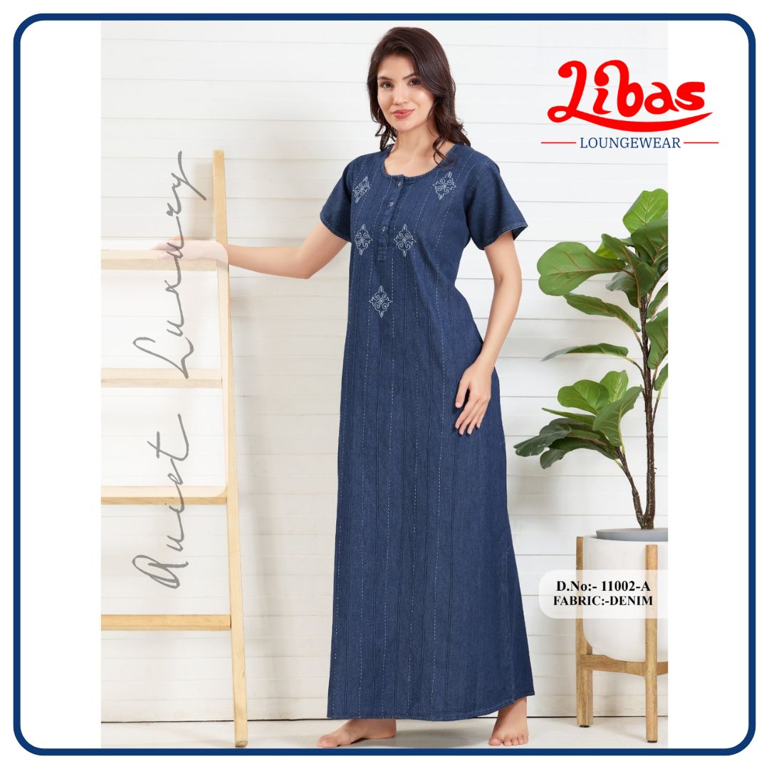 Dragonfly Blue Denim Cotton Nighty With Self Embroidery All Over From Libas Loungewear - PS553 Dragonfly Blue Denim Cotton Nighty With Self Embroidery All Over From Libas Loungewear - PS553