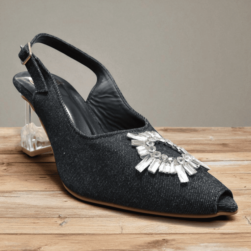 Denim Crystal Embellished Slingback Block Heels