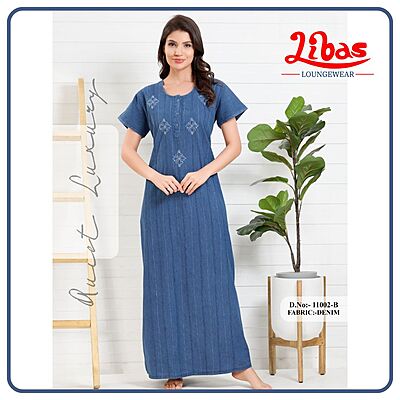 Sea of Galilee Blue Denim Cotton Nighty With Self Embroidery All Over From Libas Loungewear - PS554