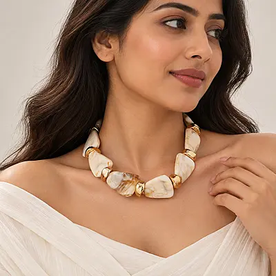 Ivoria Cream Marbled Geometric Gold-Tone Statement Necklace