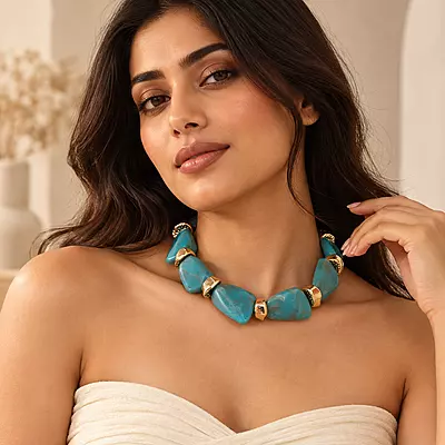 Azuria Teal Marbled Geometric Gold-Tone Statement Necklace