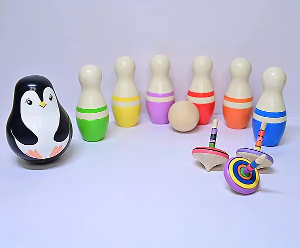 Wooden Bowling Pins Game & Spinning Tops Toy Set