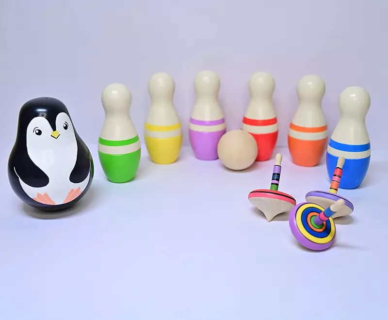Wooden Bowling Pins Game & Spinning Tops Toy Set