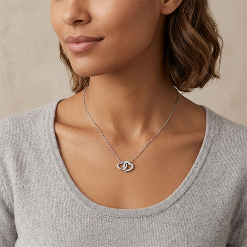 Intertwined Double Heart Pendant Necklace in Silver Tone