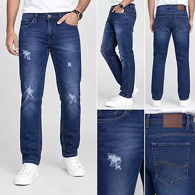 Men’s Dark Blue Distressed Slim Fit Stretch Jeans