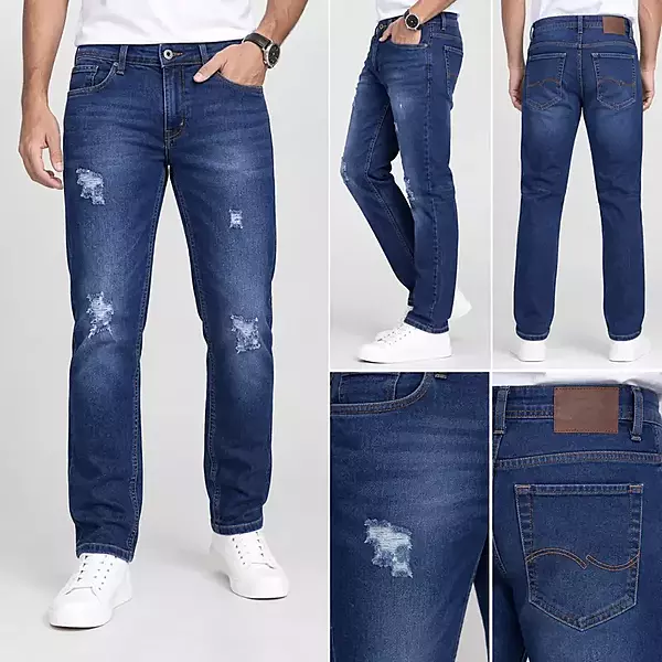 Men’s Dark Blue Distressed Slim Fit Stretch Jeans
