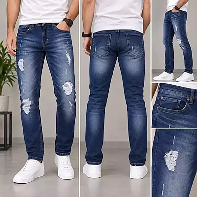 Men’s Mid Blue Distressed Slim Fit Jeans