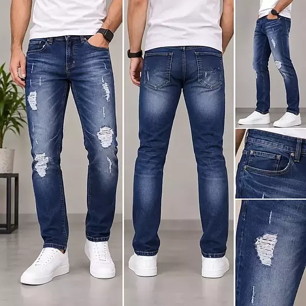 Men’s Mid Blue Distressed Slim Fit Jeans