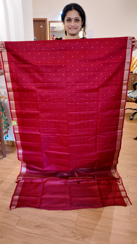 NK Semi Tussar Tissue border Red- K