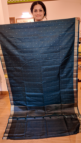 NK Semi Tussar Tissue border Peacock green- K