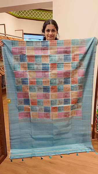 NK Semi Tussar Multi checks Blue- T