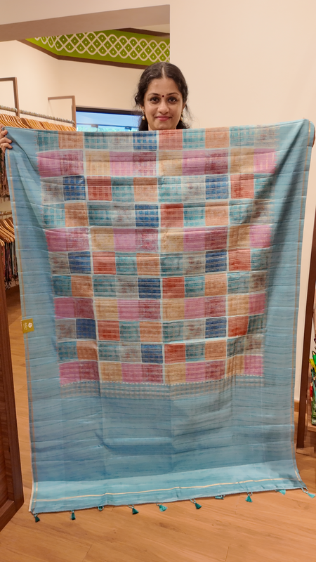 NK Semi Tussar Multi checks Blue- T
