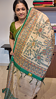 NK Semi Tussar print Madhubani Beige Green- K