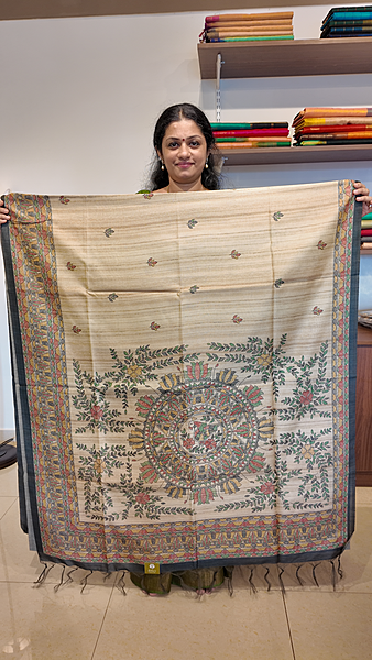 NK Semi Tussar print Madhubani Beige Grey- K