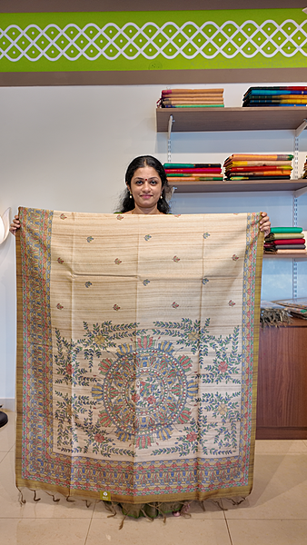 NK Semi Tussar print Madhubani Beige Olive Green- K