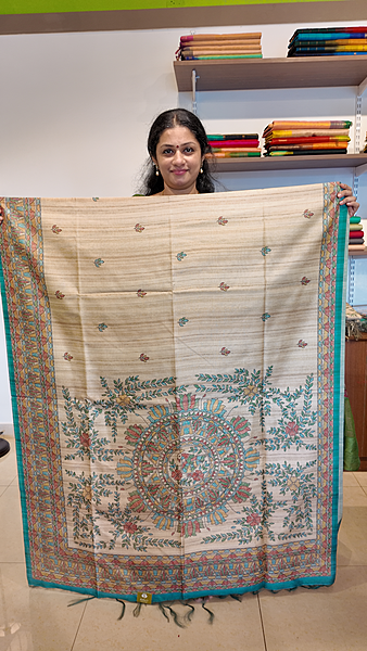 NK Semi Tussar print Madhubani Beige Teal- K