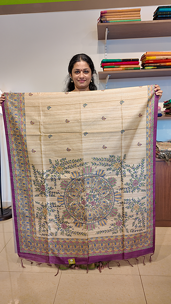 NK Semi Tussar print Madhubani Beige Magenta- K