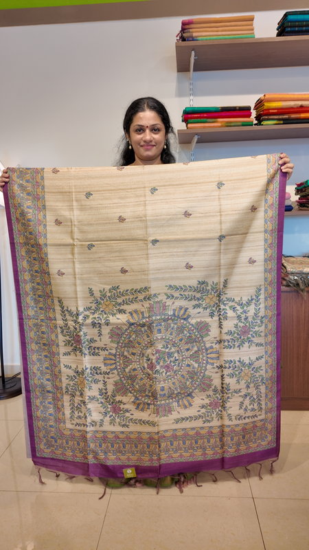 NK Semi Tussar print Madhubani Beige Magenta- K