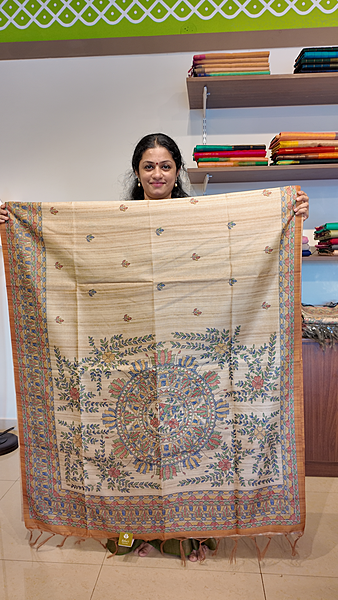NK Semi Tussar print Madhubani Beige Mustard- K