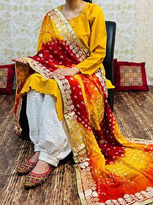 Chikankari Afghani Shaded Bandhani Dupatta Set
