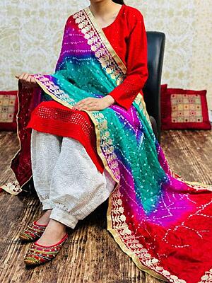 Chikankari Afghani Shaded Bandhani Dupatta Set