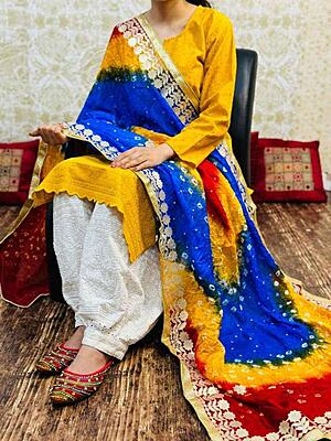 Chikankari Afghani Shaded Bandhani Dupatta Set