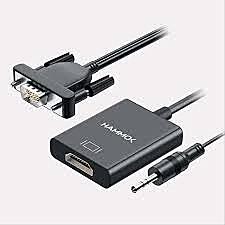 HAMMOK SIMON VGA to HDMI Adapter with Audio, converts VGA signal to HDMI with 3.5mm audio output. Supports 1080p resolution, plug and play, ideal for connecting older devices to modern displays.