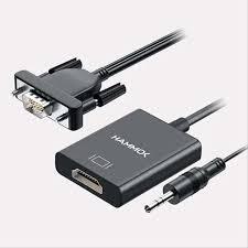 HAMMOK SIMON VGA to HDMI Adapter with Audio, converts VGA signal to HDMI with 3.5mm audio output. Supports 1080p resolution, plug and play, ideal for connecting older devices to modern displays.