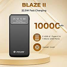 Stylish and compact Lapcare Blaze II LPB‑027 power bank: 10,000 mAh, 22.5 W fast charging, 4‑port output (2 USB‑A, Type‑C & Micro‑USB), LED indicator & smart safety.