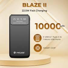 Stylish and compact Lapcare Blaze II LPB‑027 power bank: 10,000 mAh, 22.5 W fast charging, 4‑port output (2 USB‑A, Type‑C & Micro‑USB), LED indicator & smart safety.