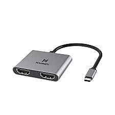 HAMMOK OSCAR USB-C to Dual HDMI Adapter connects two displays, supports 4K resolution, plug-and-play, ideal for presentations and entertainment.