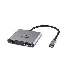 HAMMOK OSCAR USB-C to Dual HDMI Adapter connects two displays, supports 4K resolution, plug-and-play, ideal for presentations and entertainment.
