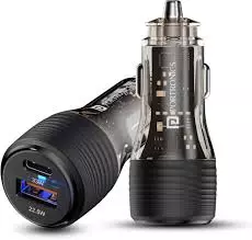 Portronics Car Power View Plus 55.5W Dual Port Car Charger Type-C PD & Mach USB Black