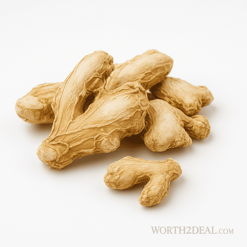 Sun-dried Kerala dry ginger on white background