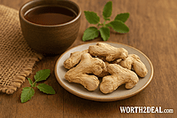 Kerala dry ginger with tea and herbs on wooden table