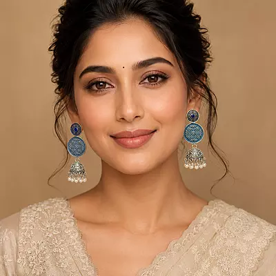 Neelambara Dual Blue Medallion Oxidised Jhumka Earrings