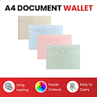 Pack of 12 A4 Light Pastel Green Soft Touch Plastic Document Wallets with Button Closure