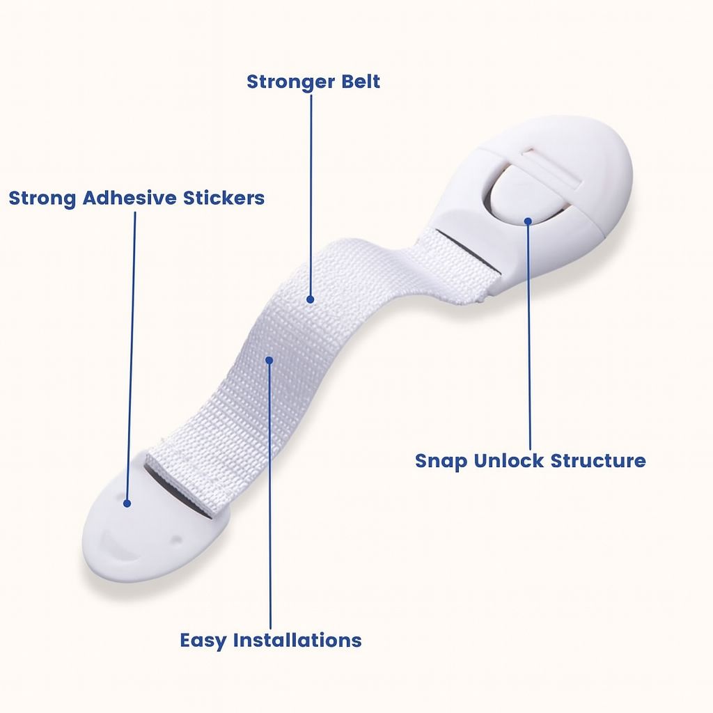 Baby Safety Locks & Latches – Nylon Strap for Doors, Cupboards & Drawers (White, Pack of 4) Baby Safety Locks & Latches – Nylon Strap for Doors, Cupboards & Drawers (White, Pack of 4)