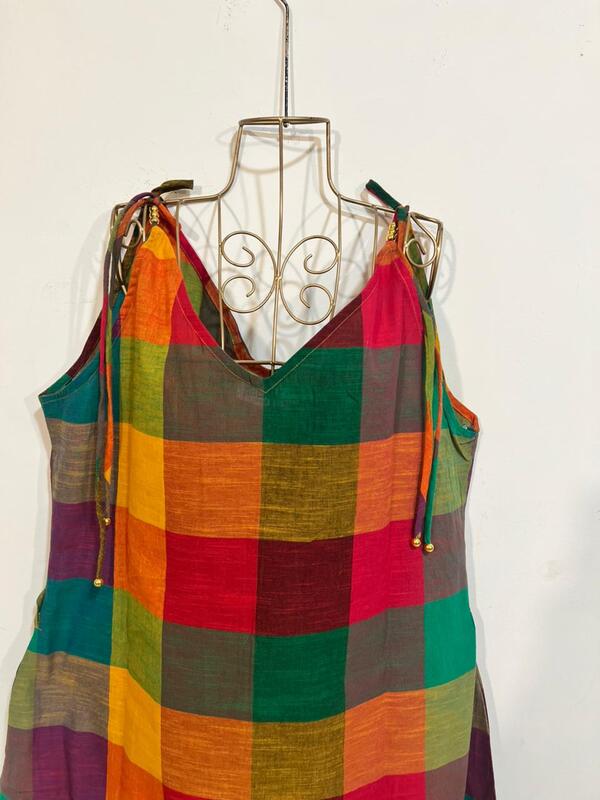 Kanmani's Free-Size Strappy Dress in Madras Checks - Green Hues